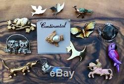Vintage Jewelry Brooch Lot Jelly Belly Dachshund Rhinestone Dogs Fish Cats Birds