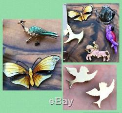 Vintage Jewelry Brooch Lot Jelly Belly Dachshund Rhinestone Dogs Fish Cats Birds