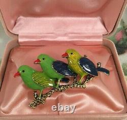 Vintage Jewelry Brooch Pin Green Enamel Birds on Branch Antique Dress Jewellery