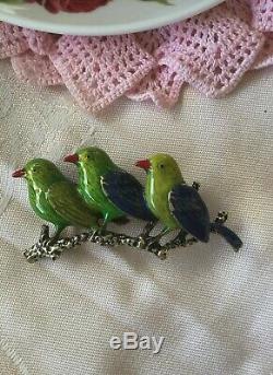Vintage Jewelry Brooch Pin Green Enamel Birds on Branch Antique Dress Jewellery