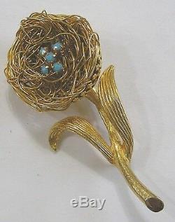 Vintage Jewelry Signed Jeanne Figural Birds Nest Brooch with Faux Turquoise Eggs