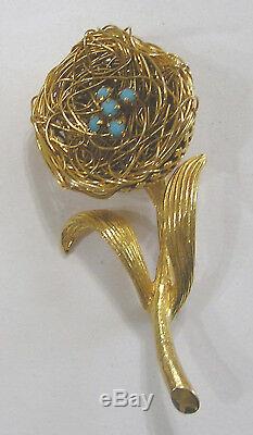 Vintage Jewelry Signed Jeanne Figural Birds Nest Brooch with Faux Turquoise Eggs