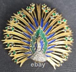 Vintage Jomaz Gold-tone Blue Green Rhinestone And Enamel Peacock Brooch Signed