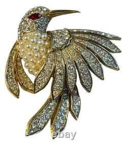 Vintage Jomaz Mazer Bird Brooch Pin w Pearl & Rhinestone