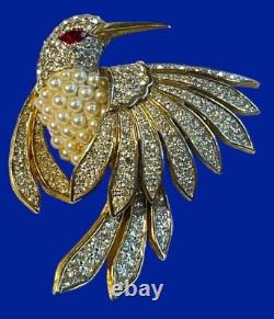 Vintage Jomaz Mazer Bird Brooch Pin w Pearl & Rhinestone