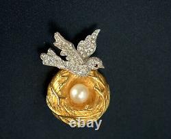Vintage Jomaz Pearl Pave Crystal Bird Egg in the Nest Brooch Pin Jomaz and Mazer