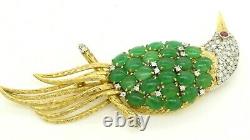 Vintage Jumbo Heavy 14K gold 1.77CTW diamond/ruby/jade cluster bird brooch