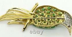 Vintage Jumbo Heavy 14K gold 1.77CTW diamond/ruby/jade cluster bird brooch