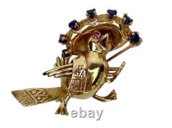 Vintage KARBRA 14k Gold Bird in Sombrero Brooch with Rubies and Sapphires