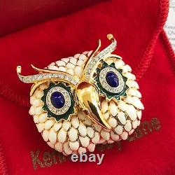 Vintage Kenneth Jay Lane KJL Owl Brooch Pin White Enamel Blue Glass Eyes