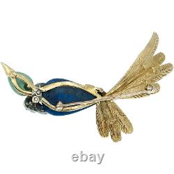 Vintage Lapis Turquoise and Diamond Bird Brooch in 18k Yellow Gold White Gold