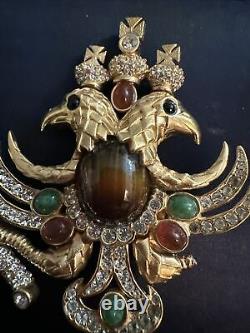 Vintage Large Ciner Double Eagle Bird Crest Patriotic Tigers Eye Brooch Pin Rare