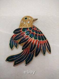 Vintage Large Detailed Enamel And Rhinestone Metal Bird Brooch