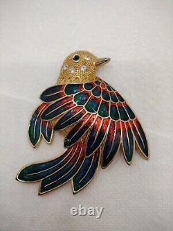 Vintage Large Detailed Enamel And Rhinestone Metal Bird Brooch