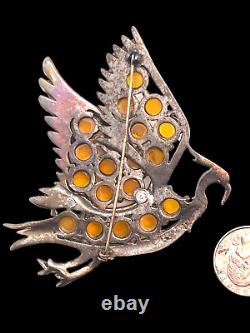 Vintage Large Figural Flying Bird Fantasy Brooch Amber Glass Cabochons