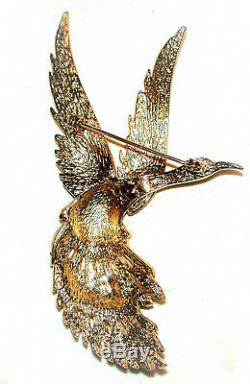Vintage Large Flying Goose Brooch By Sphnx Beautiful Black Enamel Shiney Gold