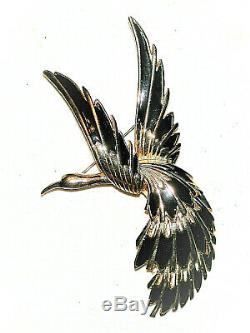Vintage Large Flying Goose Brooch By Sphnx Beautiful Black Enamel Shiney Gold