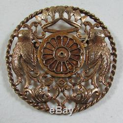 Vintage Large Intricately Carved Crown Birds Round Brass Brooch 2 5/8 Diameter