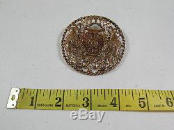 Vintage Large Intricately Carved Crown Birds Round Brass Brooch 2 5/8 Diameter