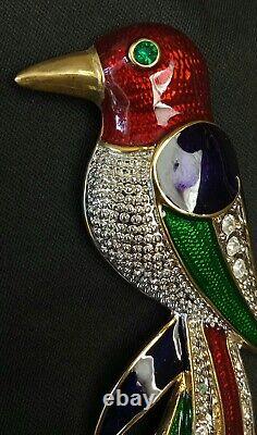 Vintage Large Multi Color Bird With White Rhinestone Pin Brooch