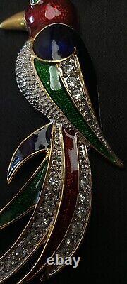 Vintage Large Multi Color Bird With White Rhinestone Pin Brooch