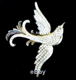 Vintage Large Sterling Rhinestone Bird Brooch Pin Deco to Early Mid Century
