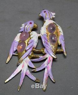 Vintage Lavendar Cabochon Faux Moonstone Enameled Figural Birds Brooch