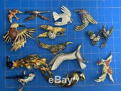 Vintage Lot Of 13 Birds Brooch Rhinestone Enamel Some Signed