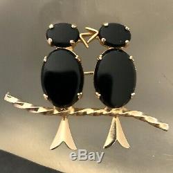 Vintage Love Birds Brooch Black Glass Cabochons Costume Jewelry
