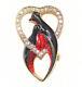 Vintage Love Birds Brooch Enamel Red Black W Crystal Heart Frame Signed Sphinx