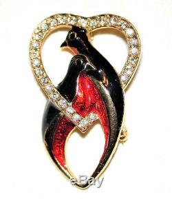 Vintage Love Birds Brooch Enamel Red Black W Crystal Heart Frame Sphinx
