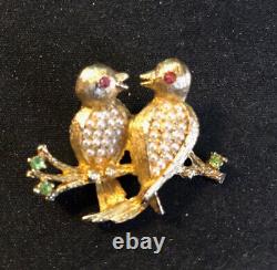 Vintage Love Birds Pin Brooch Unbranded Gold tone Green