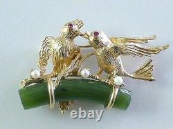 Vintage Love Birds on Jade Green Branch 14k Gold Pin Brooch Pearl & Ruby 14Gram