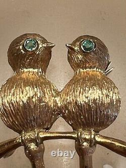 Vintage Lovely Solid 14k Gold Emerald Eyes Love Bird Swallows Brooch Pin