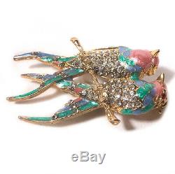 Vintage Lovely Two Birds Pink & Turquoise Brooch Pin with Rhinestone Chips 2.50