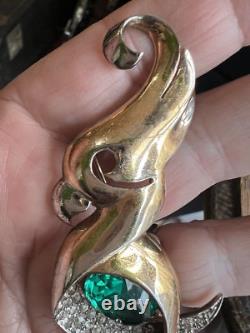 Vintage MB Boucher Sterling Pave & Emerald Paste Parrot Cockatoo Bird Pin 3.5