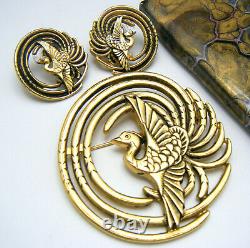 Vintage MFA Bird of Paradise Phoenix Brooch Pierced Earring Set Gold Tone