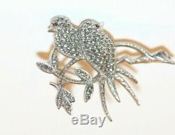 Vintage Marcasite Sterling Silver SWALLOW Birds Ruby Eye Brooch Pin