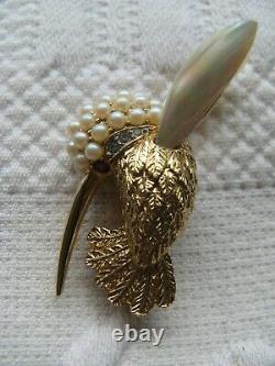 Vintage Marcel Boucher Gold Plate Pearl Rhinestone Shell Hummingbird Bird Brooch