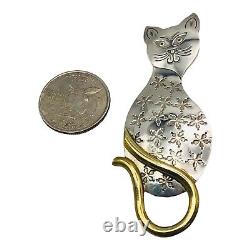 Vintage Mexican 925 Sterling Silver Cat Brooch Pin Pendant -5535