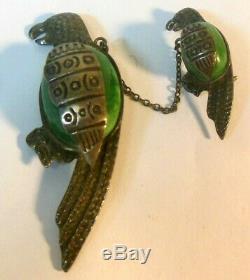Vintage Mexican Jade & Silver Tw0 PARROT Brooch Pin