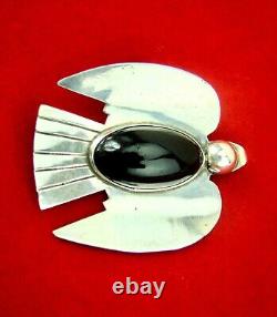 Vintage Mexican Modernist Sterling Silver & Amethyst Peace Dove Bird Brooch Pin