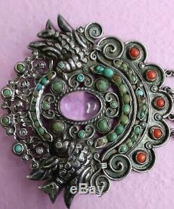 Vintage Mexican Original Matilde Poulat Turquouise Coral Amethyst Birds brooch