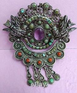 Vintage Mexican Original Matilde Poulat Turquouise Coral Amethyst Birds brooch