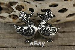 Vintage Mexico Handmade Silver Brooch Pin of Two Ducks or Geese Birds