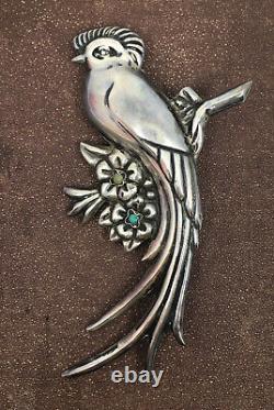 Vintage Mexico Sterling Silver Bird Brooch Prieto Ave Juarez Turquoise Stones
