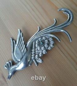 Vintage Mexico Sterling Silver Bird Pin Brooch Prieto Ave Juarez Turquoise 1940s