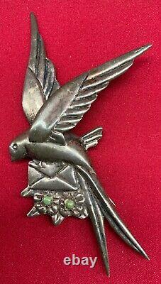 Vintage Mexico Sterling Silver Bird with Letter Green Turquoise Accent Pin Brooch