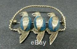 Vintage Mexico Sterling Silver & Blue Jasper Gemstone 3 Parrot Birds Brooch Pin