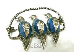 Vintage Mexico Sterling Silver & Blue Jasper Gemstone 3 Parrot Birds Brooch Pin